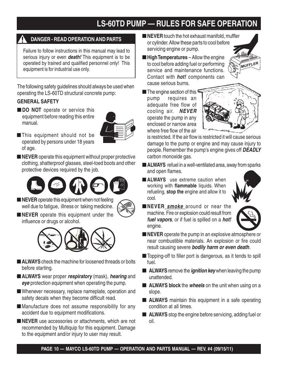 Ls-60td pump — rules for safe operation | Multiquip LS-60TD User Manual | Page 10 / 138