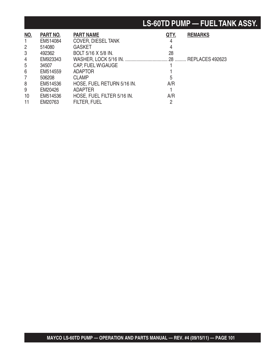 Ls-60td pump — fuel tank assy | Multiquip LS-60TD User Manual | Page 101 / 138