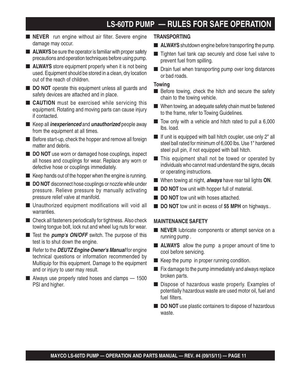 Rules for safe operation, Ls-60td pump | Multiquip LS-60TD User Manual | Page 11 / 138