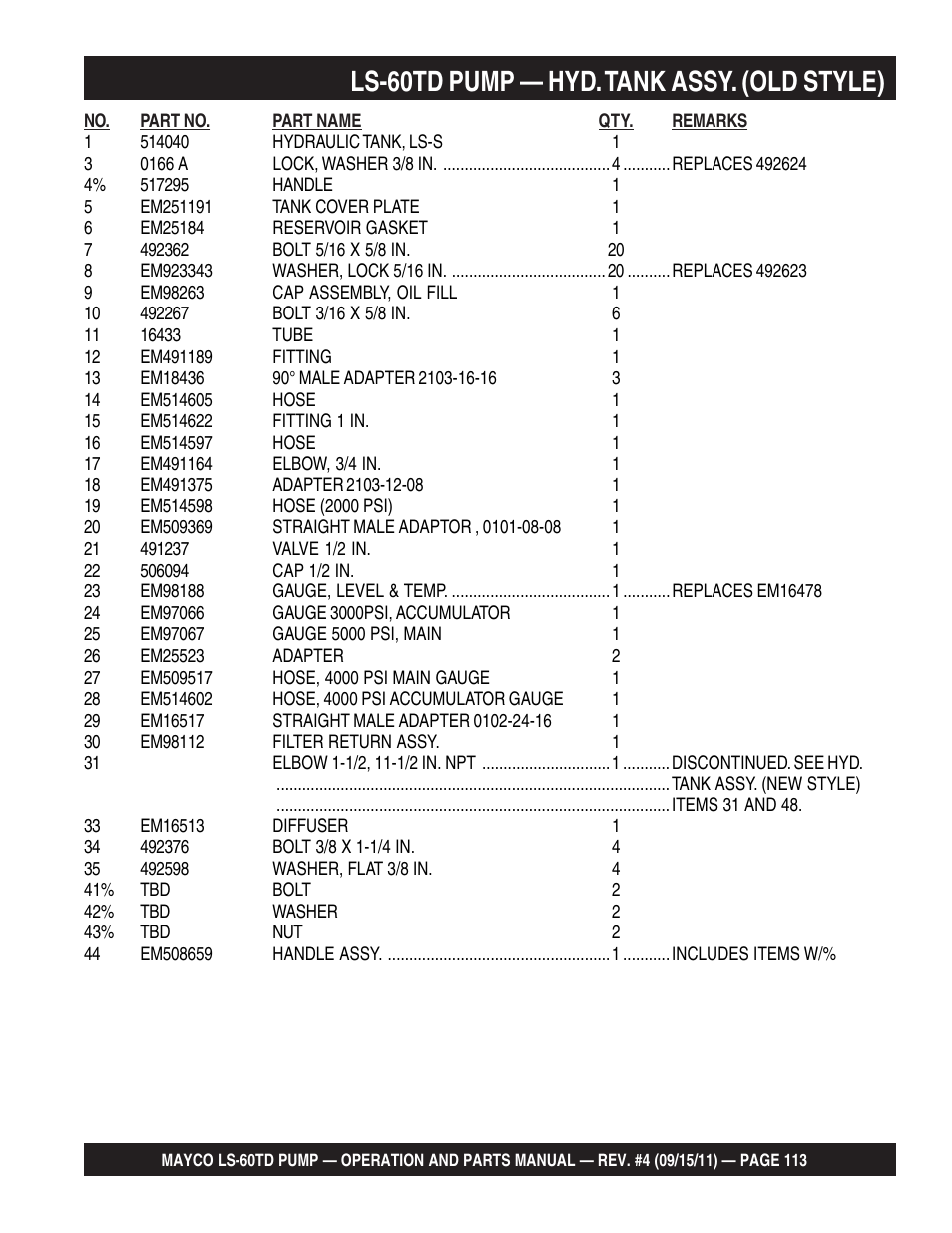 Ls-60td pump — hyd. tank assy. (old style) | Multiquip LS-60TD User Manual | Page 113 / 138