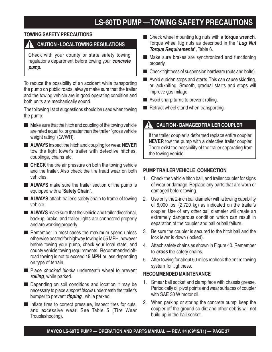 Ls-60td pump — towing safety precautions | Multiquip LS-60TD User Manual | Page 37 / 138
