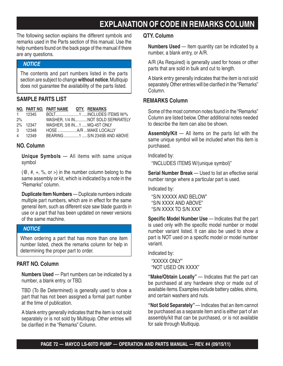 Explanation of code in remarks column | Multiquip LS-60TD User Manual | Page 72 / 138