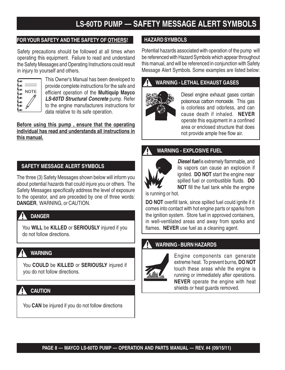 Safety message alert symbols, Ls-60td pump | Multiquip LS-60TD User Manual | Page 8 / 138