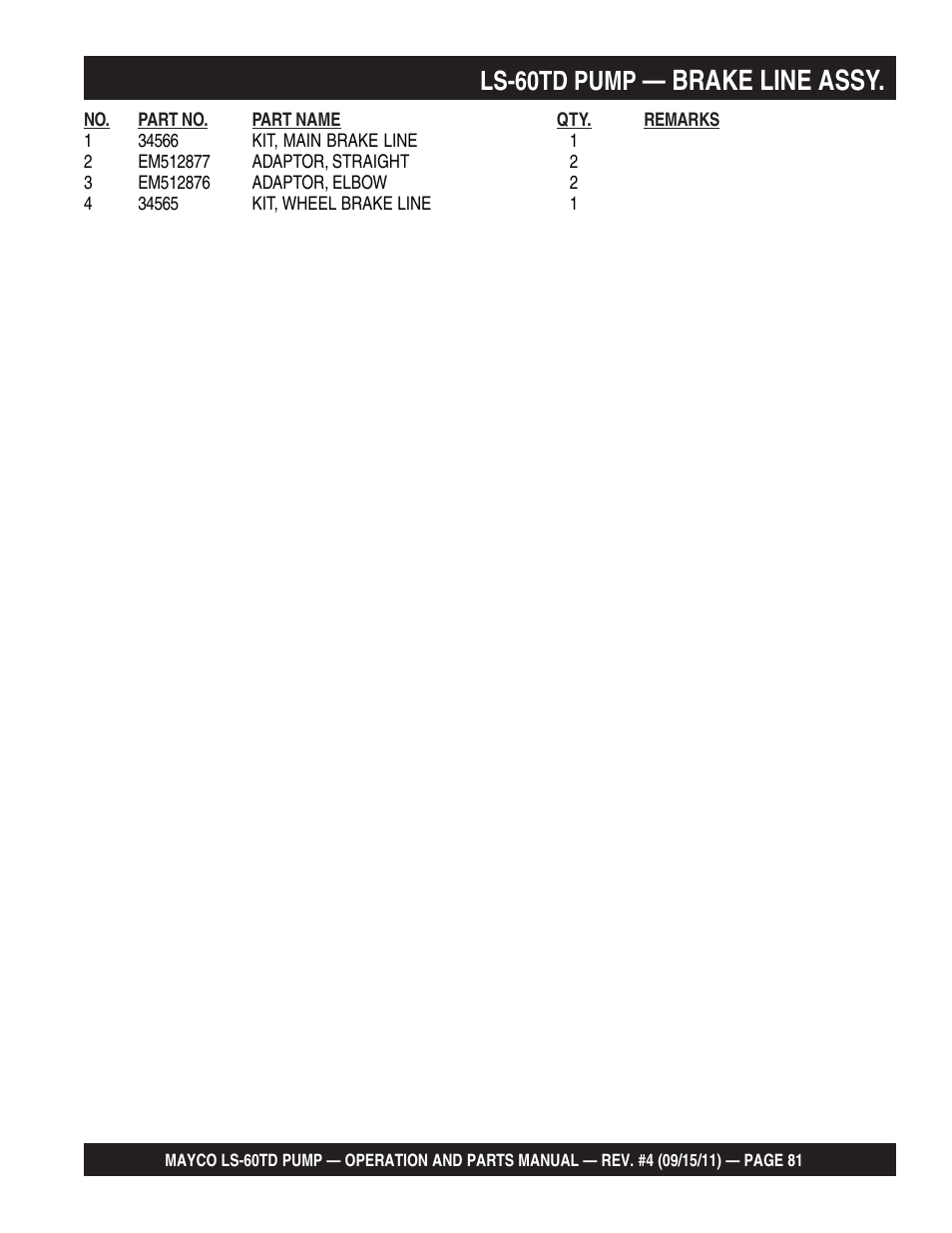 Brake line assy, Ls-60td pump | Multiquip LS-60TD User Manual | Page 81 / 138