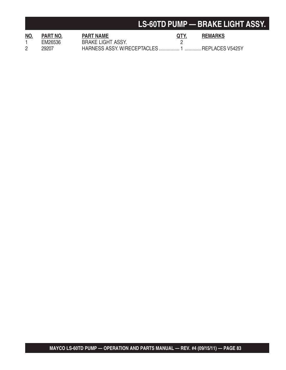 Ls-60td pump — brake light assy | Multiquip LS-60TD User Manual | Page 83 / 138