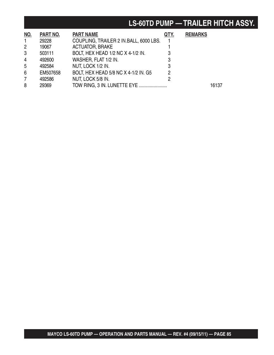 Trailer hitch assy, Ls-60td pump | Multiquip LS-60TD User Manual | Page 85 / 138