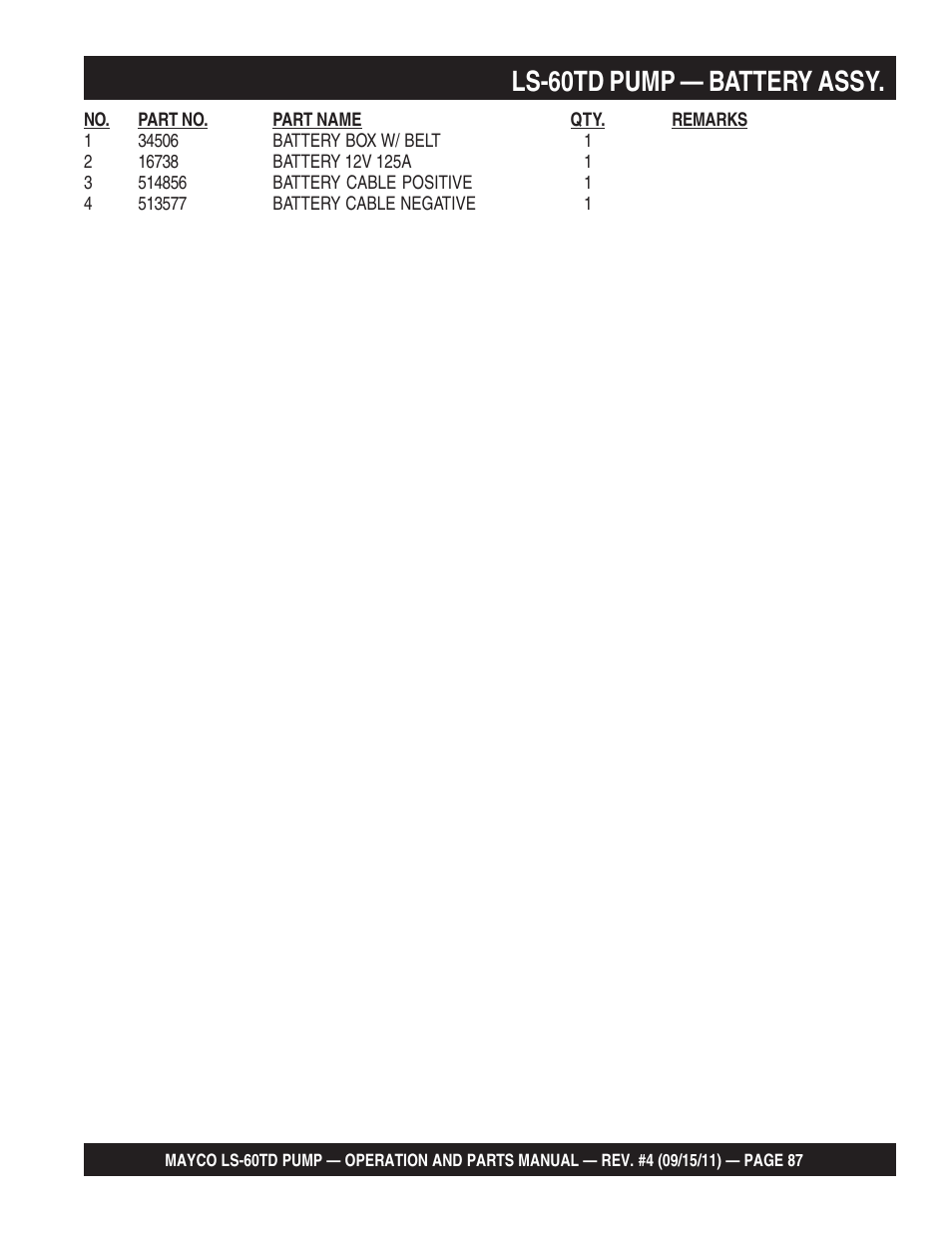 Ls-60td pump — battery assy | Multiquip LS-60TD User Manual | Page 87 / 138