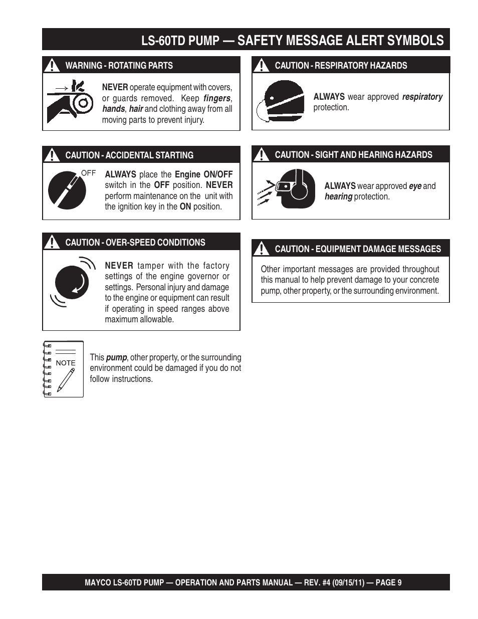 Safety message alert symbols, Ls-60td pump | Multiquip LS-60TD User Manual | Page 9 / 138