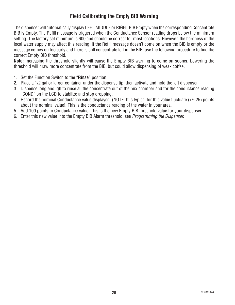Field calibrating the empty bib warning | Bunn LCR-3 User Manual | Page 26 / 27