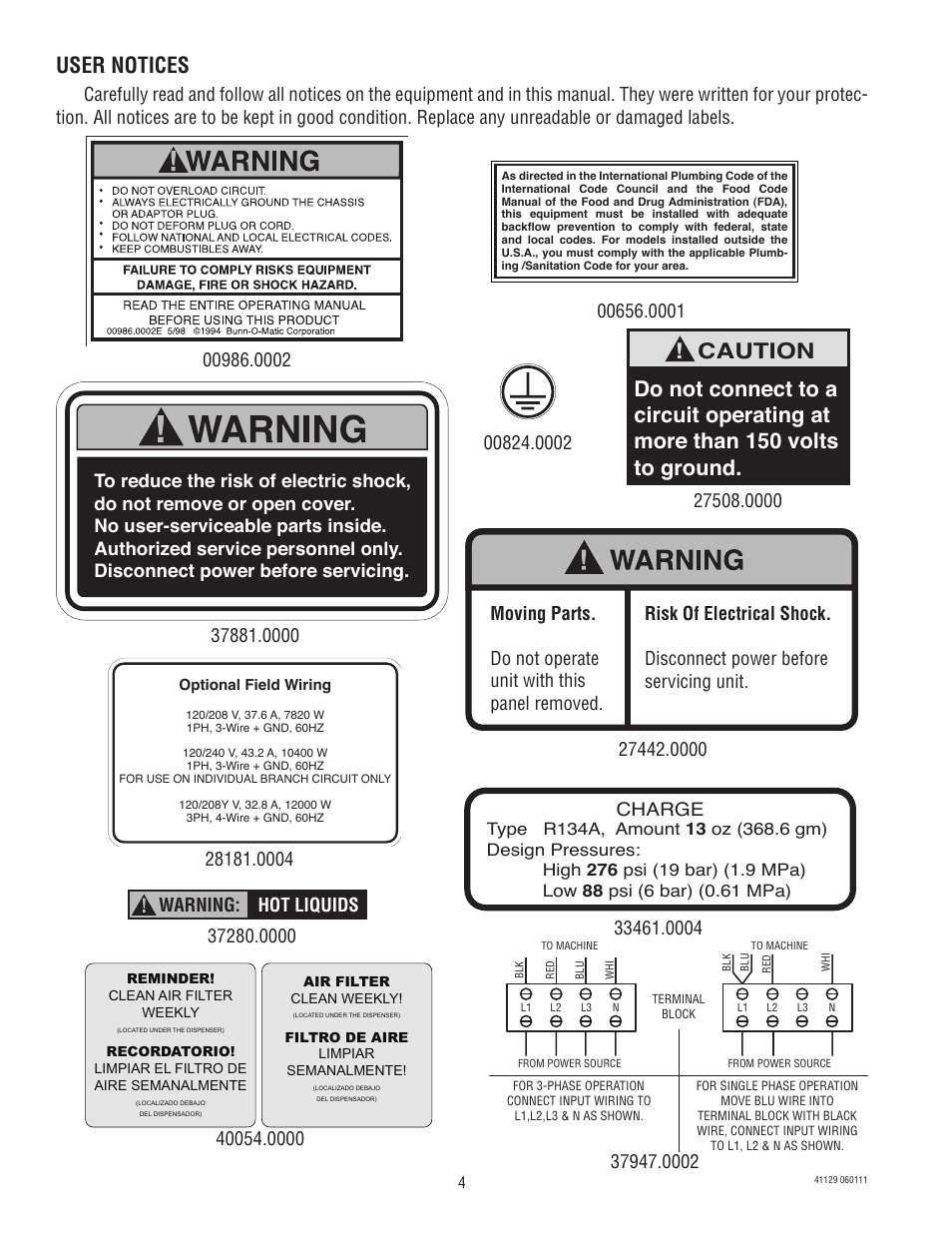 User notices, Warning: hot liquids | Bunn LCR-3 User Manual | Page 4 / 27