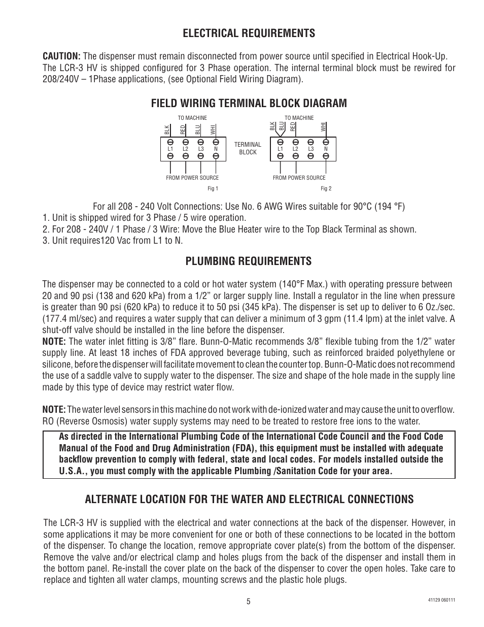 Electrical requirements, Field wiring terminal block diagram, Plumbing requirements | Bunn LCR-3 User Manual | Page 5 / 27