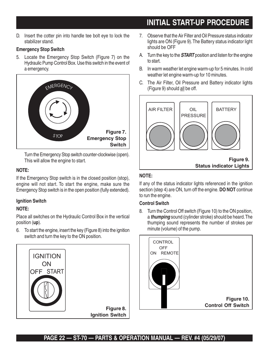 Initial start-up procedure, Ignition on off start | Multiquip ST70 User Manual | Page 22 / 92