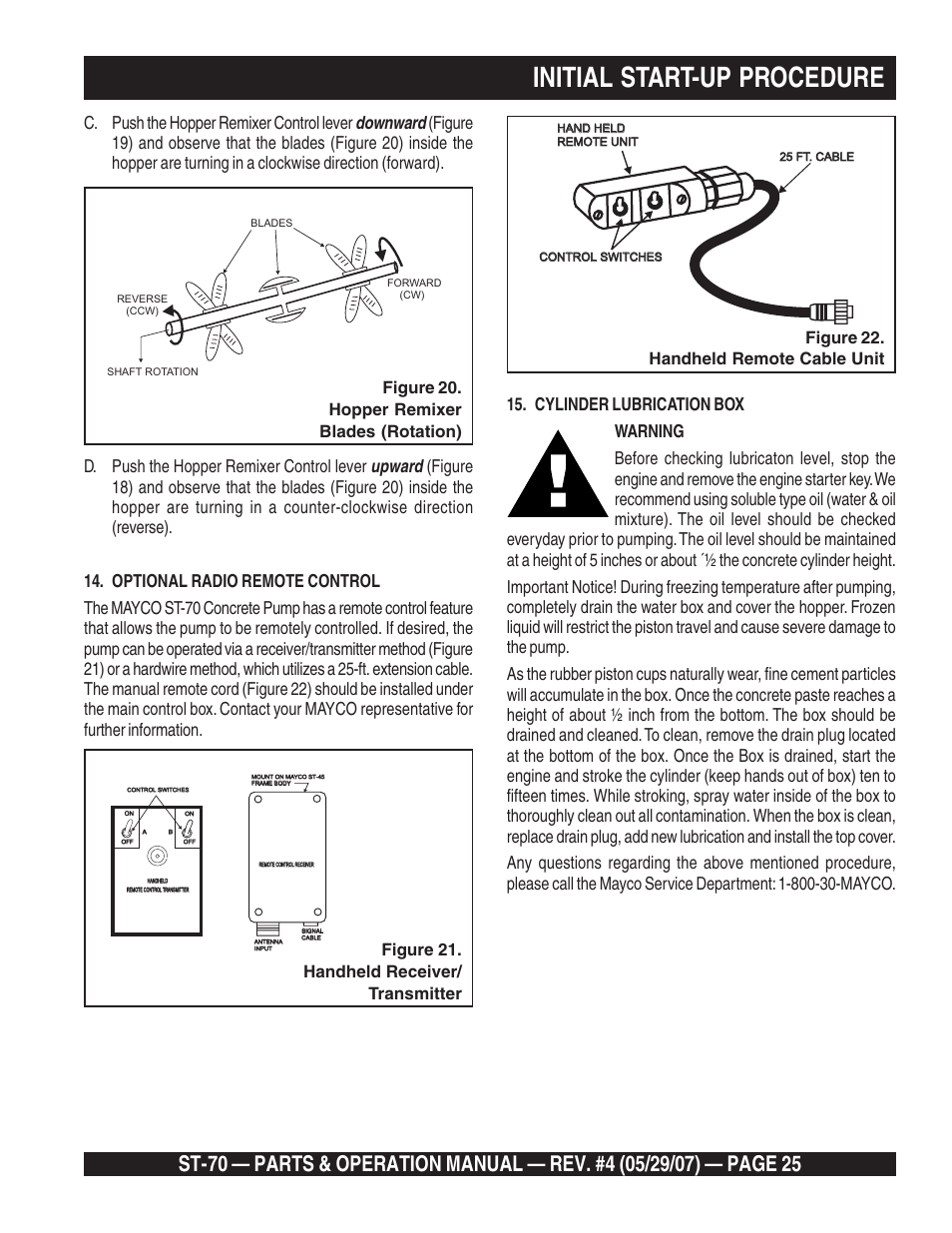 Initial start-up procedure, Upward, Downward | D. push the hopper remixer control lever, Figure 21. handheld receiver/ transmitter, Figure 22. handheld remote cable unit | Multiquip ST70 User Manual | Page 25 / 92