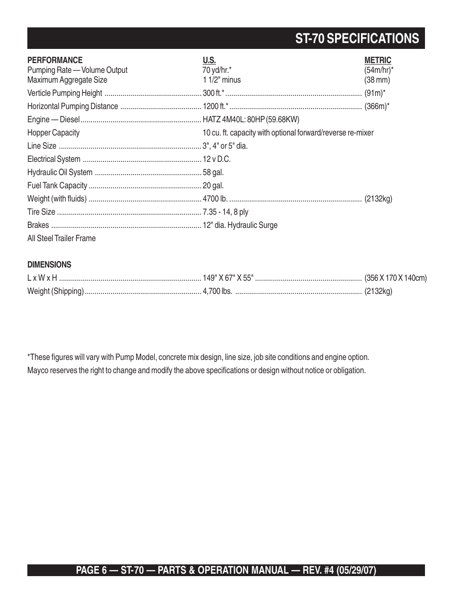 St-70 specifications | Multiquip ST70 User Manual | Page 6 / 92