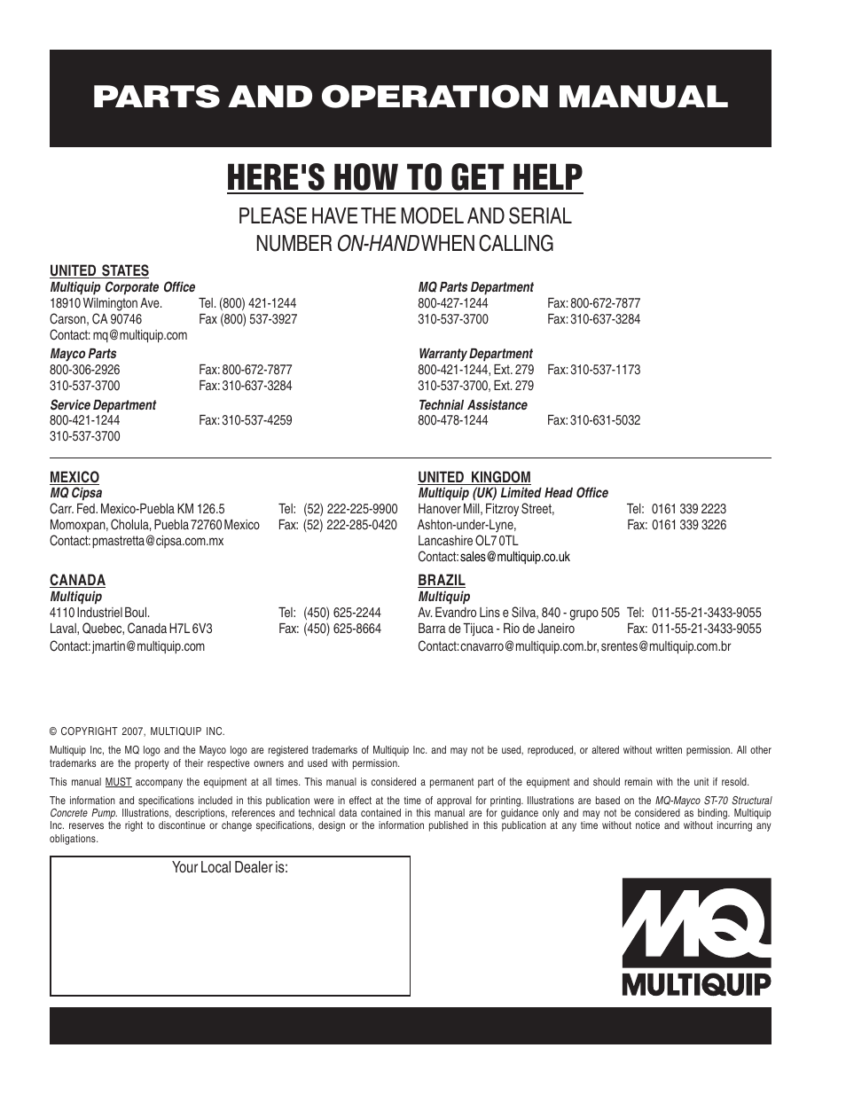Here's how to get help, Parts and operation manual, On-hand | Please have the model and serial number, When calling | Multiquip ST70 User Manual | Page 92 / 92