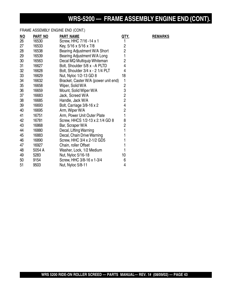 Wrs-5200 — frame assembly engine end (cont) | Multiquip WRS5200 User Manual | Page 43 / 66