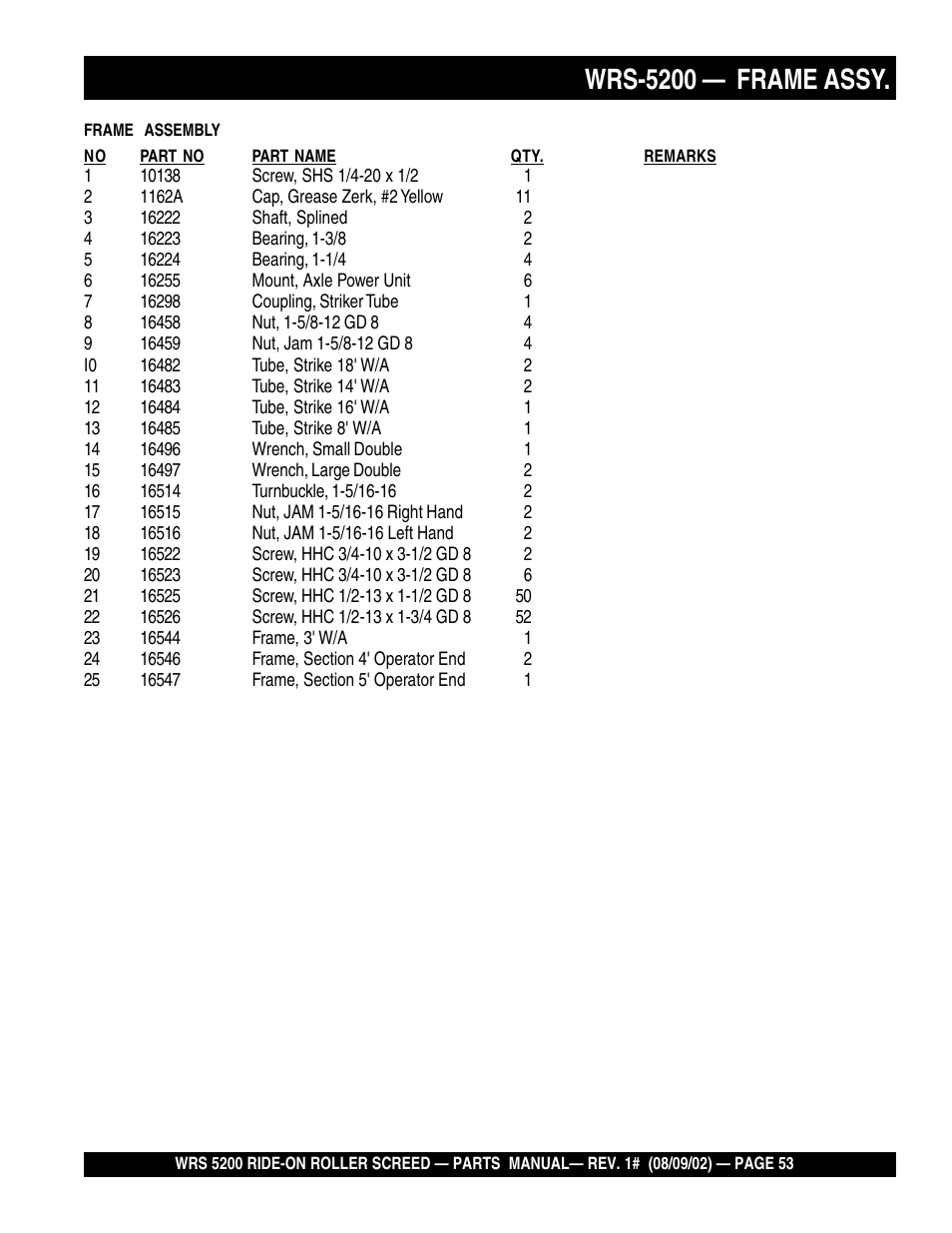 Wrs-5200 — frame assy | Multiquip WRS5200 User Manual | Page 53 / 66