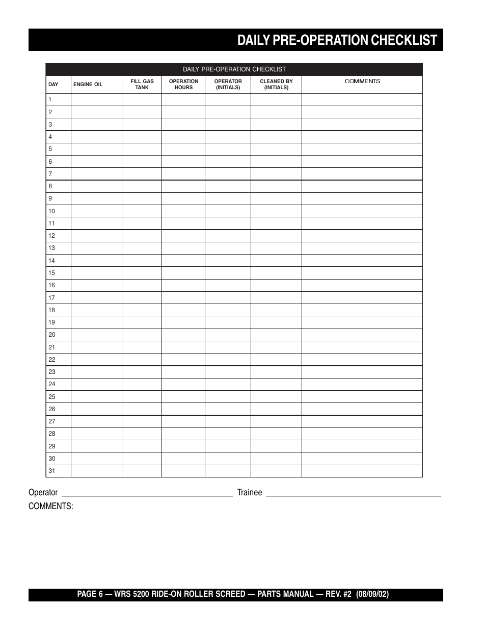 Daily pre-operation checklist | Multiquip WRS5200 User Manual | Page 6 / 66