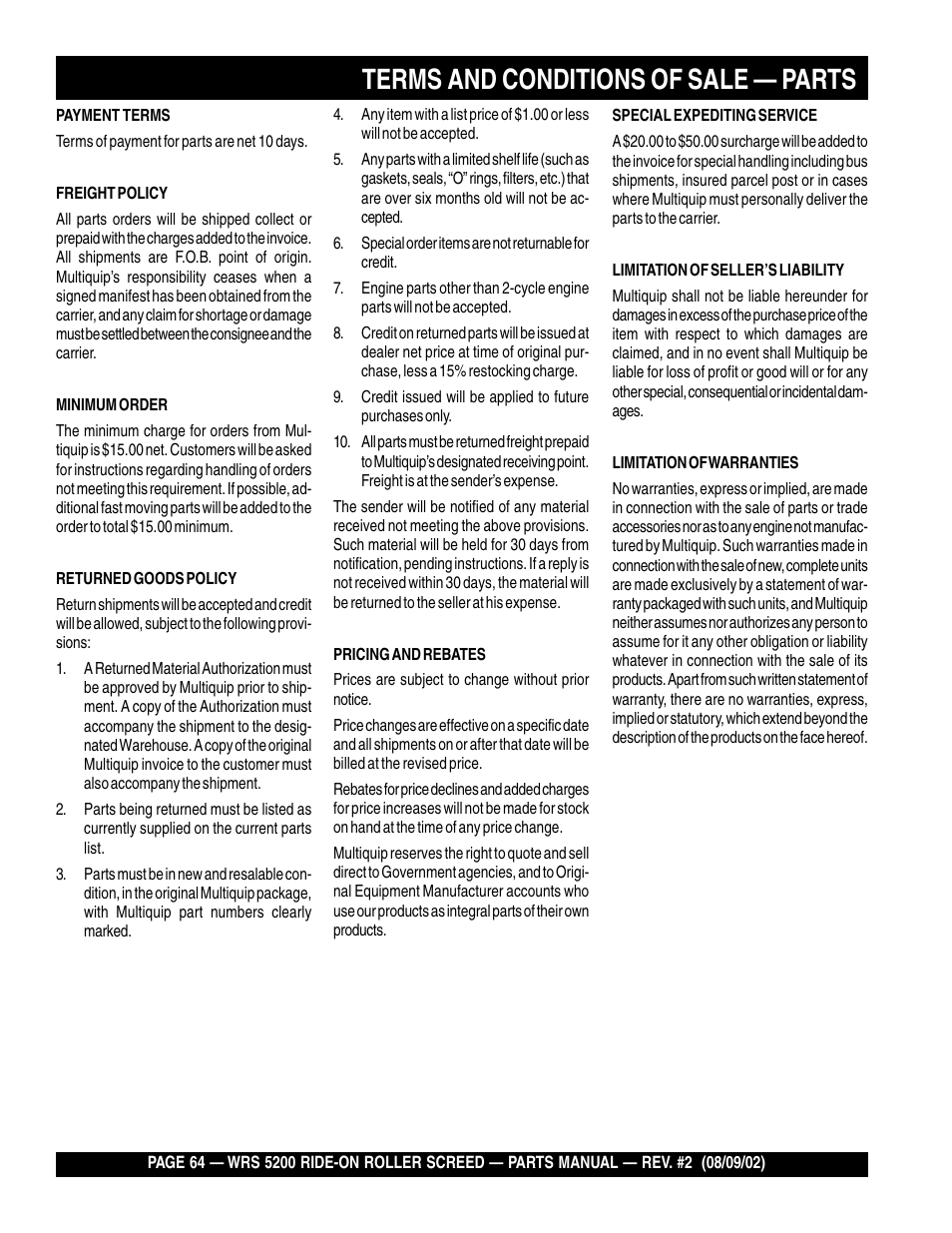 Terms and conditions of sale — parts | Multiquip WRS5200 User Manual | Page 64 / 66