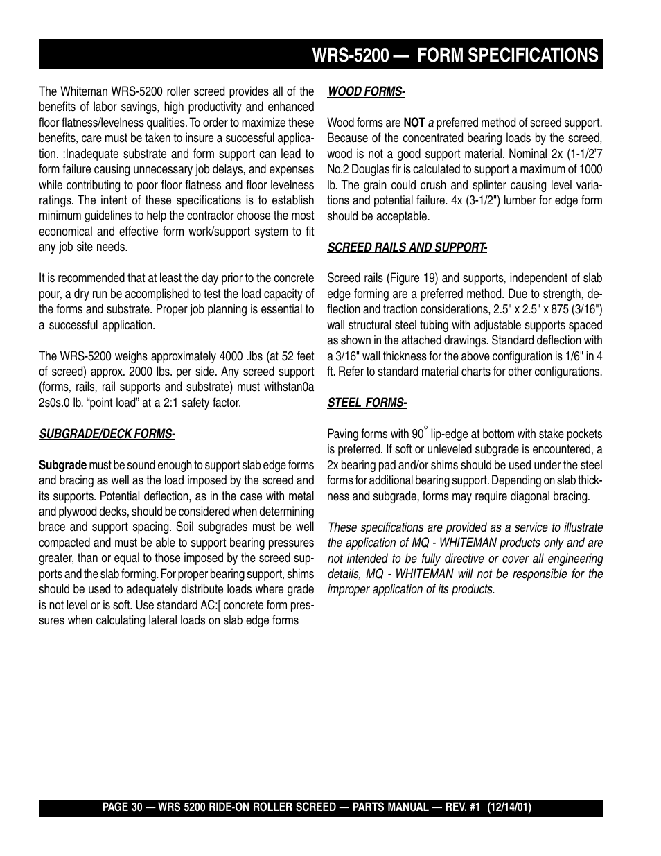 Wrs-5200 — form specifications | Multiquip WRS5200 (CHINA) User Manual | Page 30 / 66