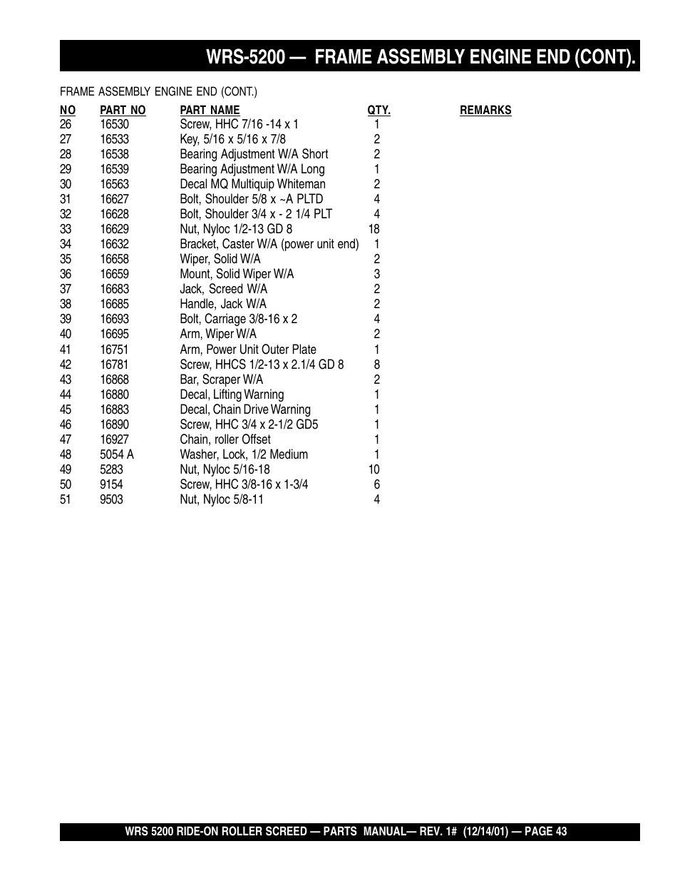 Wrs-5200 — frame assembly engine end (cont) | Multiquip WRS5200 (CHINA) User Manual | Page 43 / 66