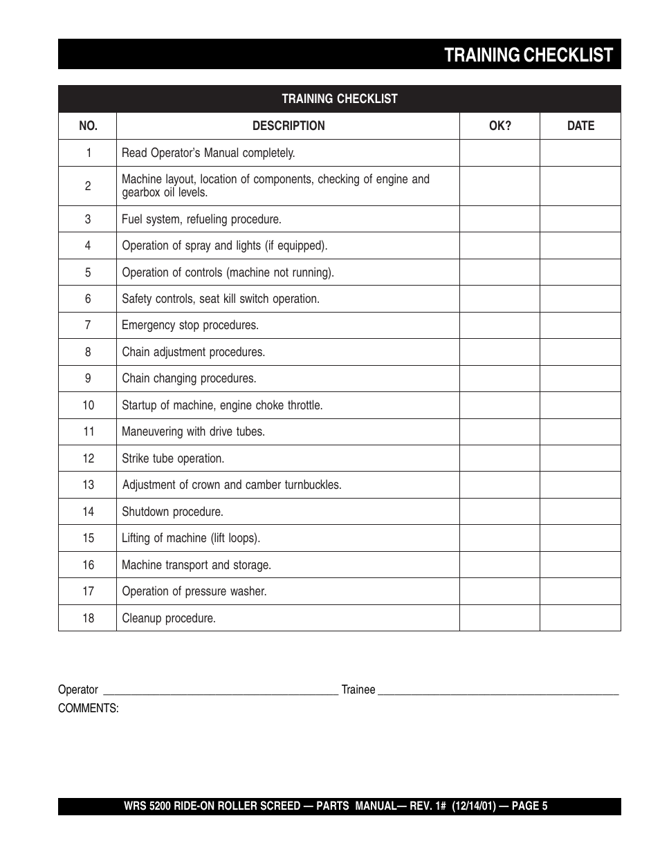Training checklist | Multiquip WRS5200 (CHINA) User Manual | Page 5 / 66