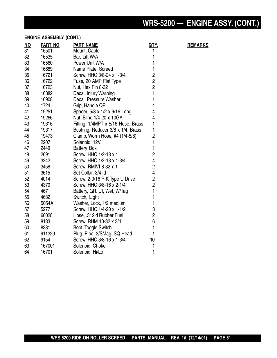 Wrs-5200 — engine assy. (cont.) | Multiquip WRS5200 (CHINA) User Manual | Page 51 / 66