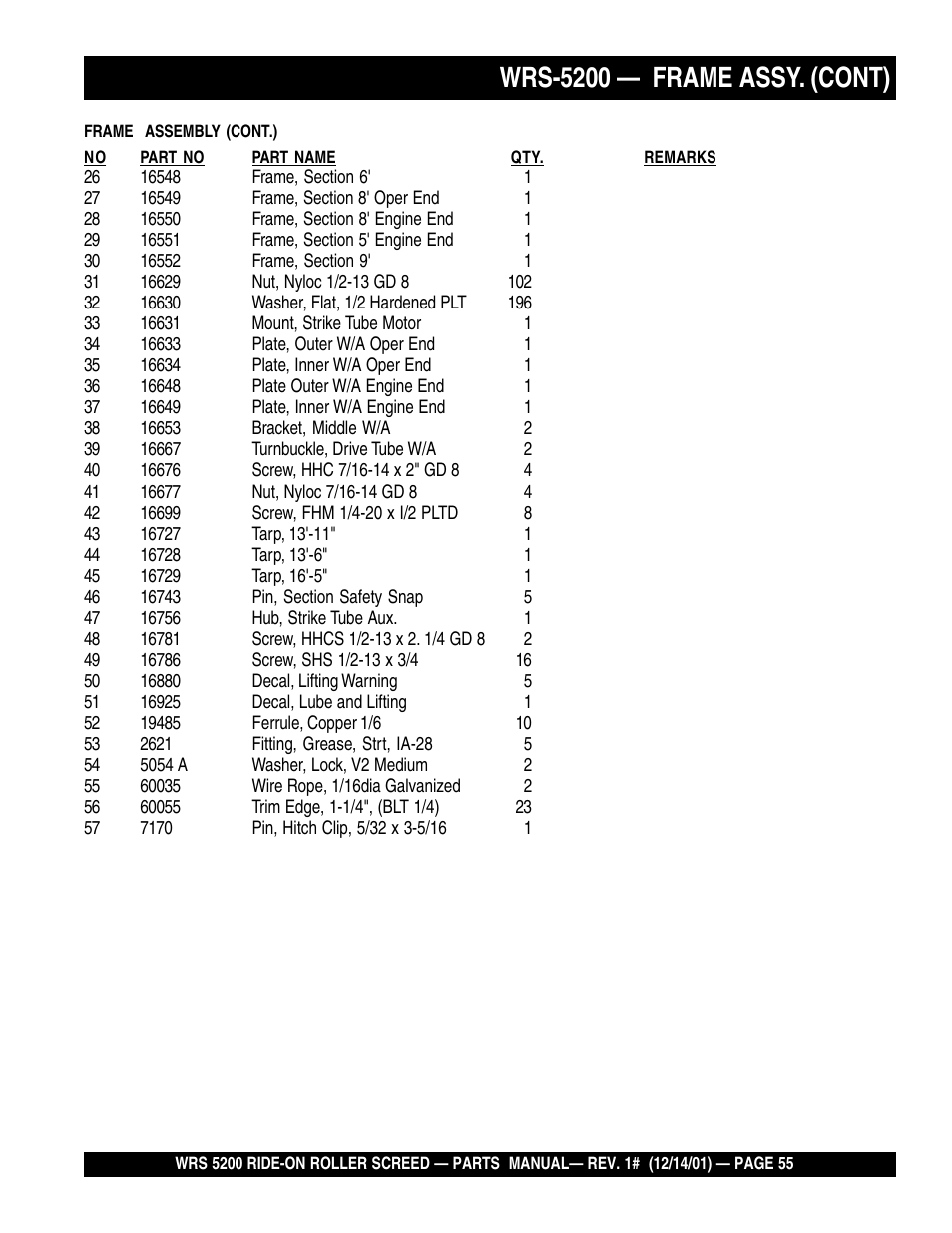 Wrs-5200 — frame assy. (cont) | Multiquip WRS5200 (CHINA) User Manual | Page 55 / 66
