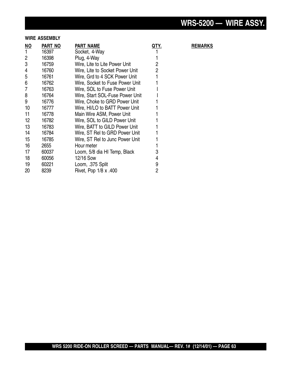 Wrs-5200 — wire assy | Multiquip WRS5200 (CHINA) User Manual | Page 63 / 66