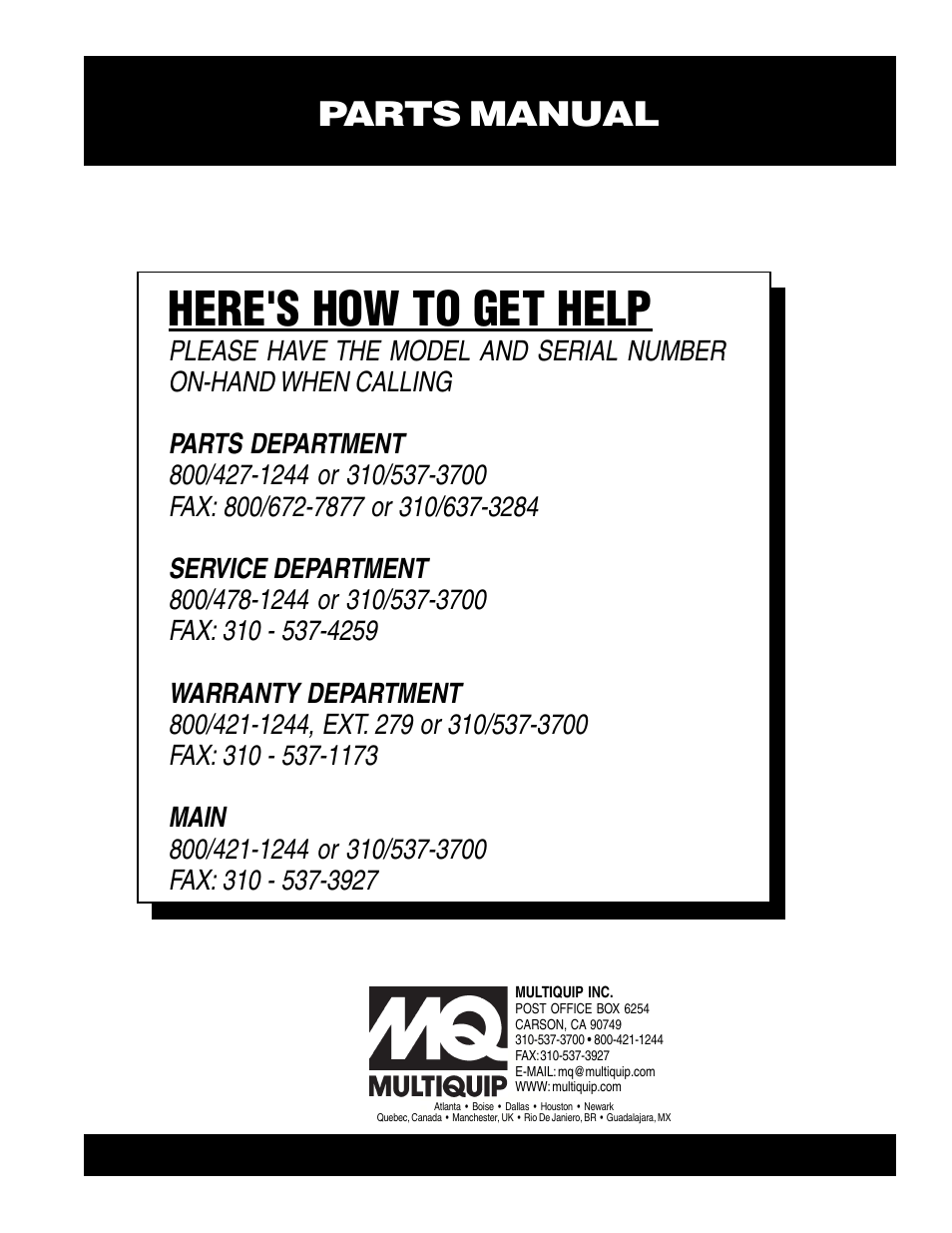 Here's how to get help, Parts manual | Multiquip WRS5200 (CHINA) User Manual | Page 66 / 66