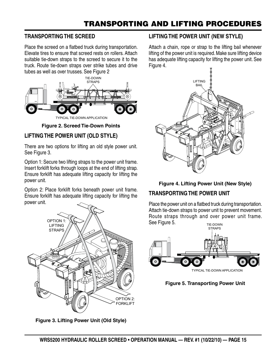 Transporting and lifting procedures, Transporting the screed, Lifting the power unit (old style) | Lifting the power unit (new style), Transporting the power unit | Multiquip WRS5200 (ORIGINAL COPY) User Manual | Page 15 / 66