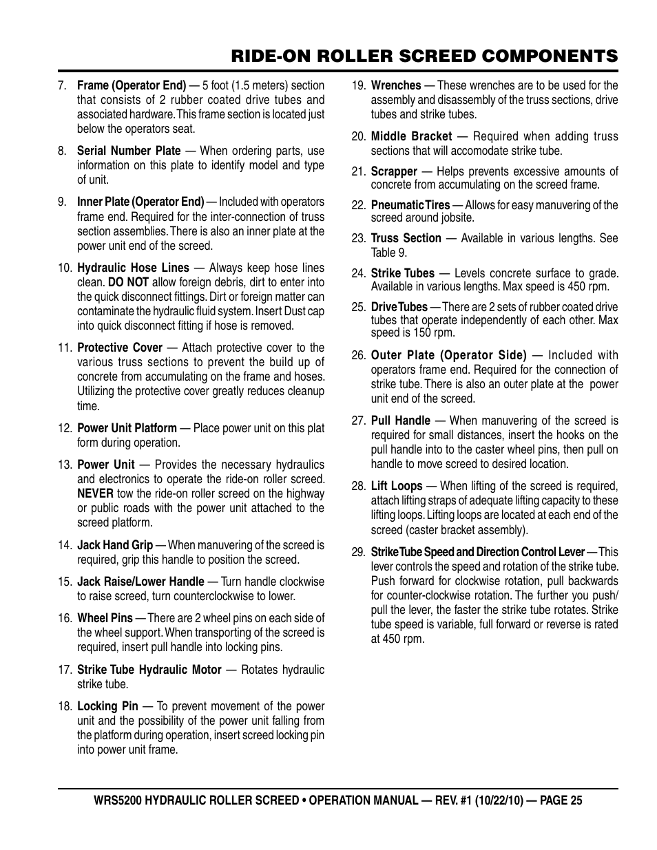 Ride-on roller screed components | Multiquip WRS5200 (ORIGINAL COPY) User Manual | Page 25 / 66