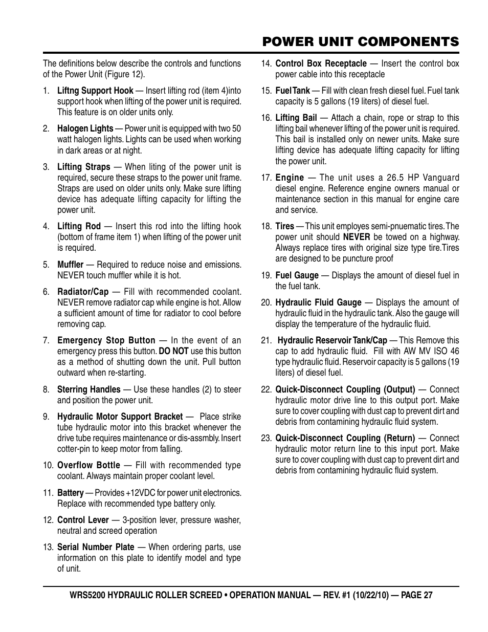 Power unit components | Multiquip WRS5200 (ORIGINAL COPY) User Manual | Page 27 / 66
