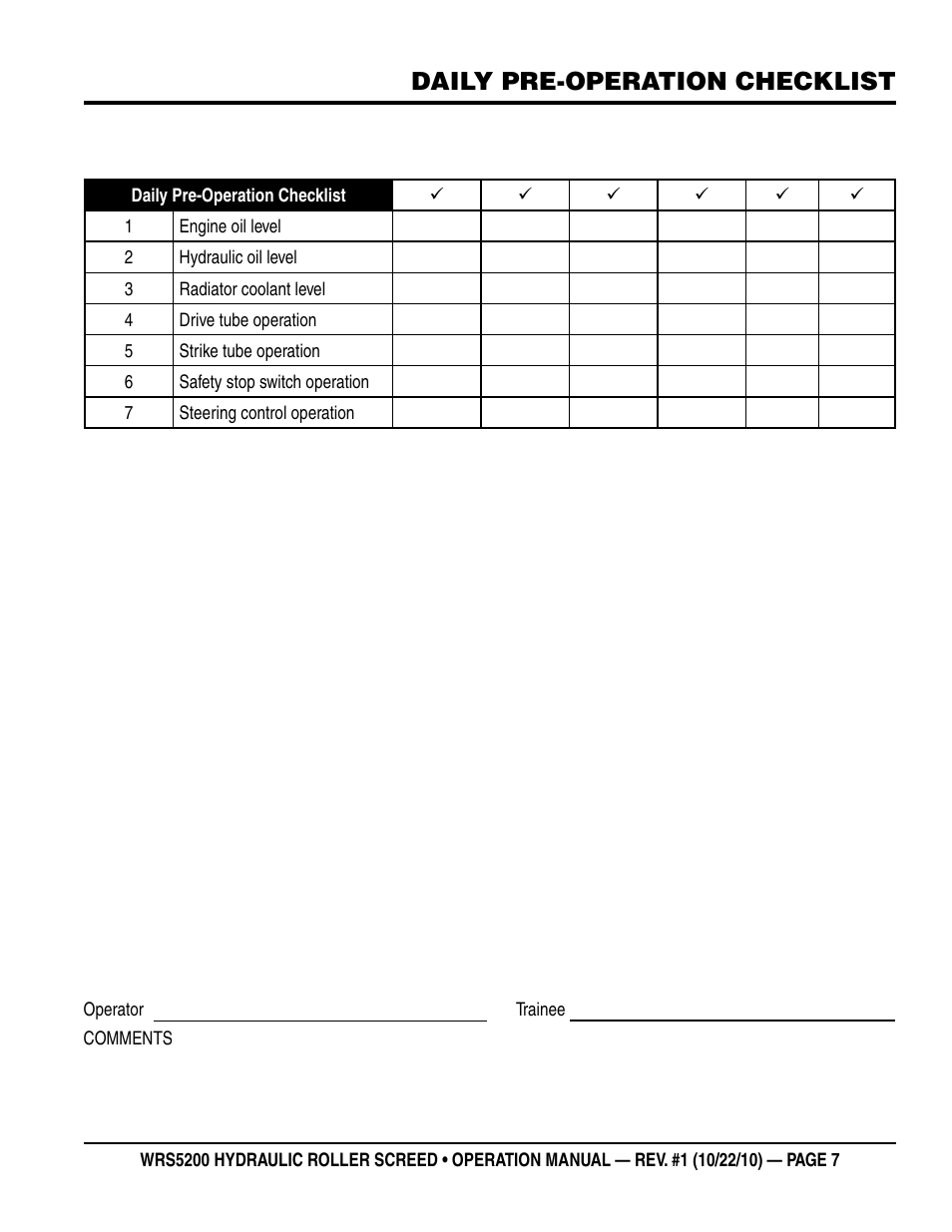 Daily pre-operation checklist | Multiquip WRS5200 (ORIGINAL COPY) User Manual | Page 7 / 66