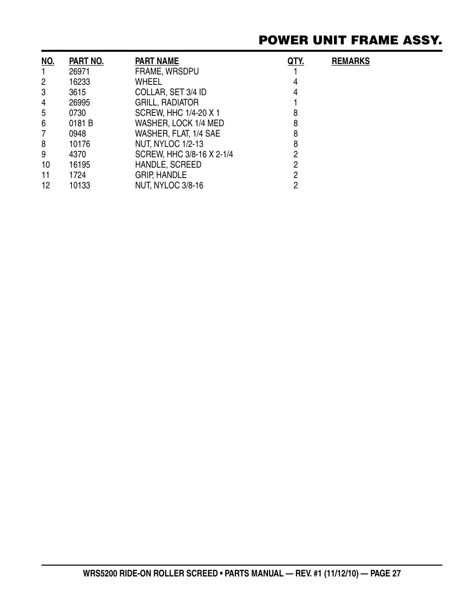 Power unit frame assy | Multiquip WRS5200 (VANGUARD DM950 DIESEL ENGINE) User Manual | Page 27 / 90