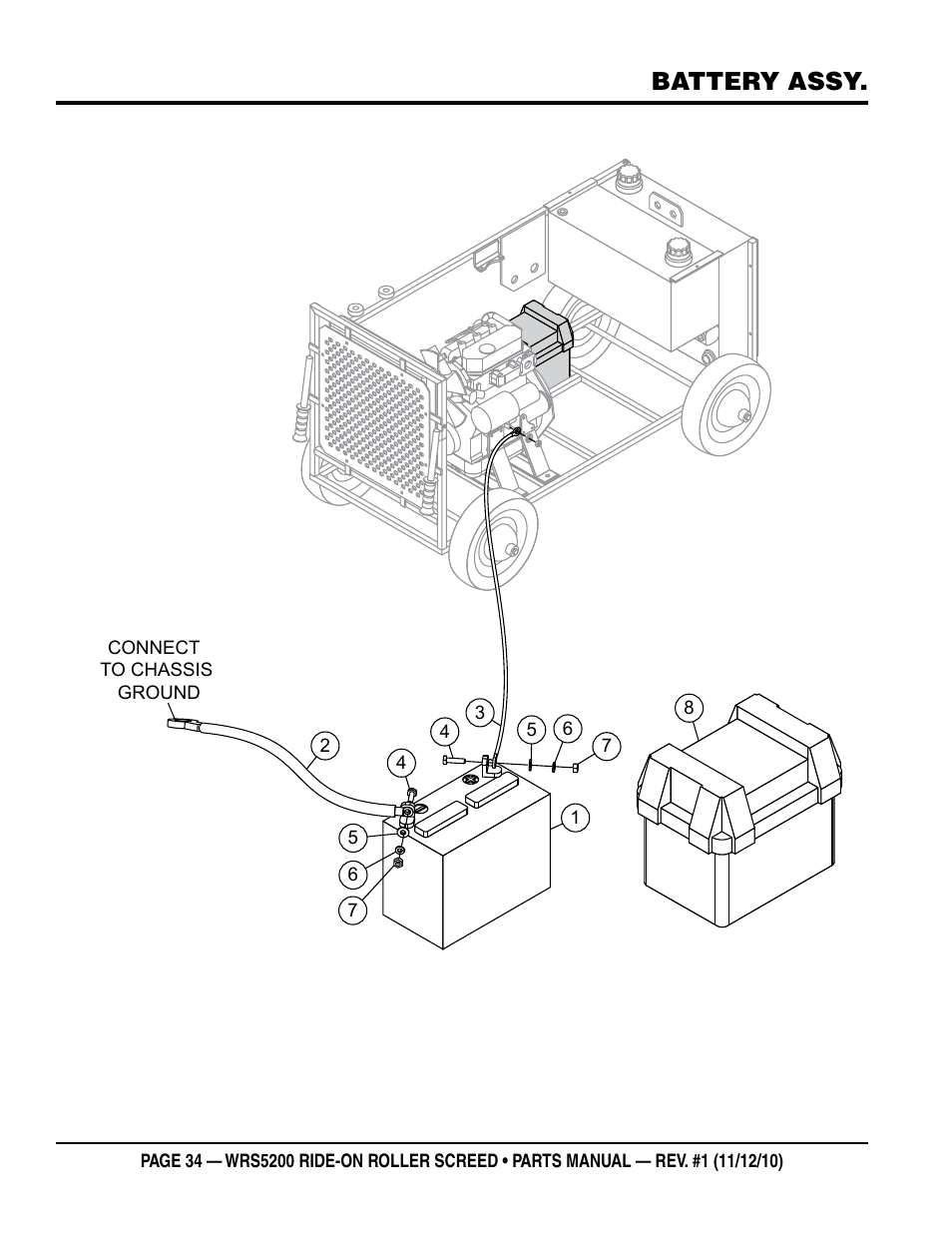 Battery assy | Multiquip WRS5200 (VANGUARD DM950 DIESEL ENGINE) User Manual | Page 34 / 90
