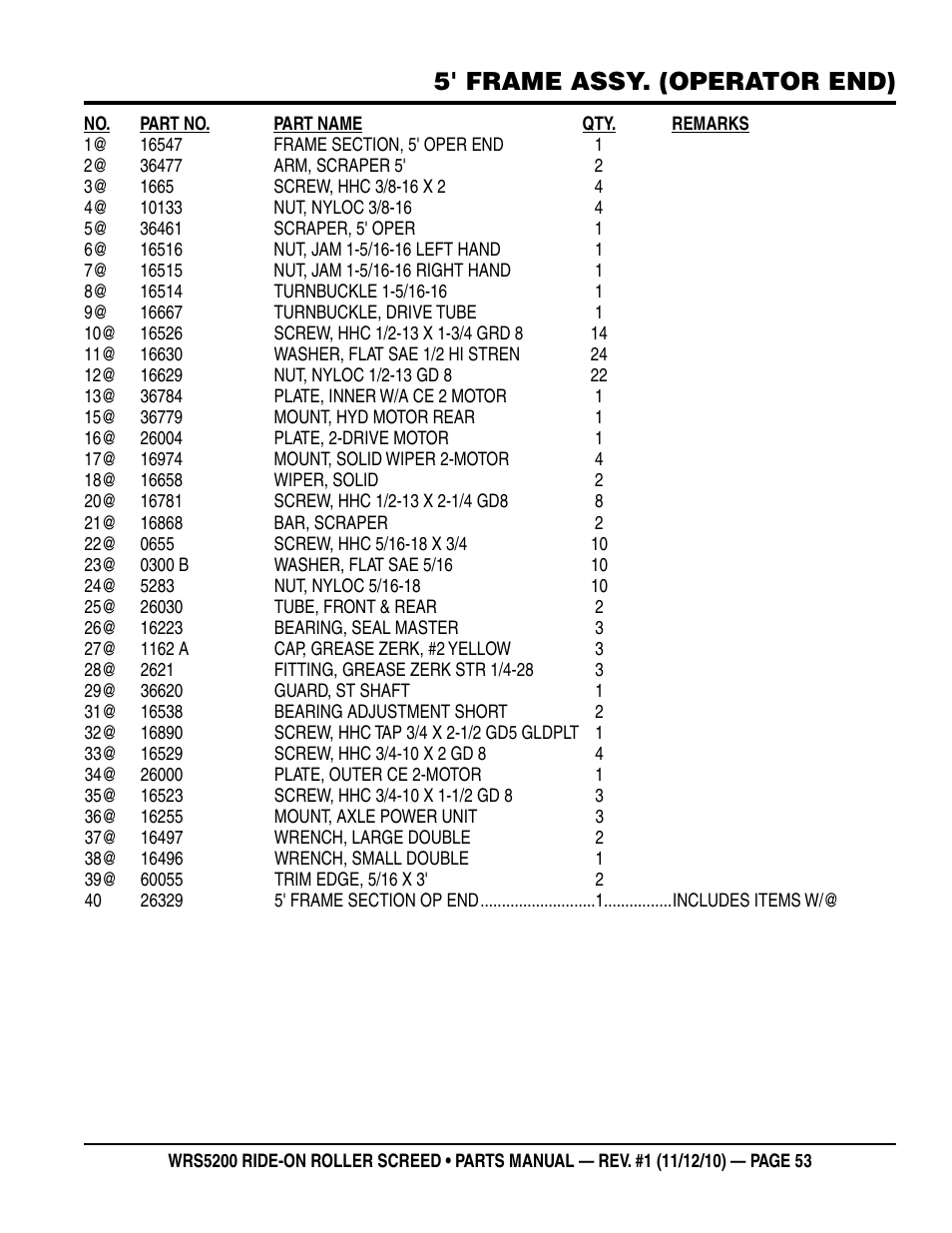 5' frame assy. (operator end) | Multiquip WRS5200 (VANGUARD DM950 DIESEL ENGINE) User Manual | Page 53 / 90