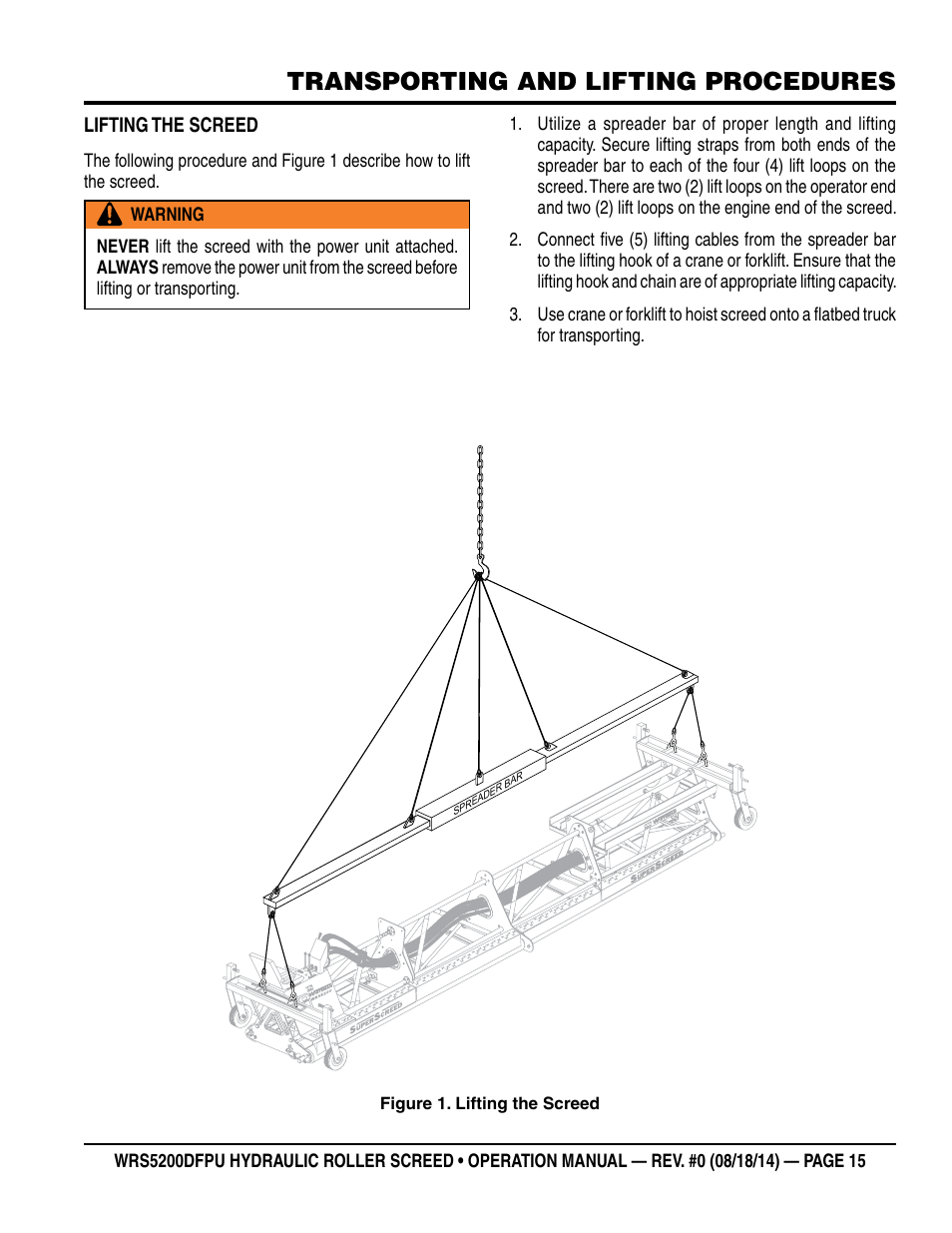 Transporting and lifting procedures | Multiquip WRS5200DFPU (KUBOTA WG972-GL-E3 DUAL FUEL) User Manual | Page 15 / 82