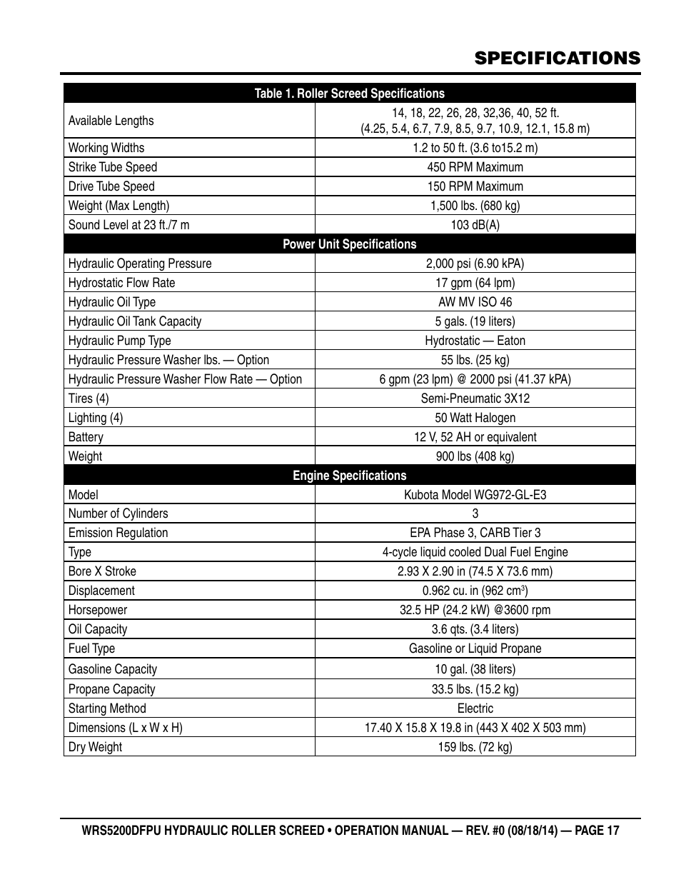 Specifications | Multiquip WRS5200DFPU (KUBOTA WG972-GL-E3 DUAL FUEL) User Manual | Page 17 / 82