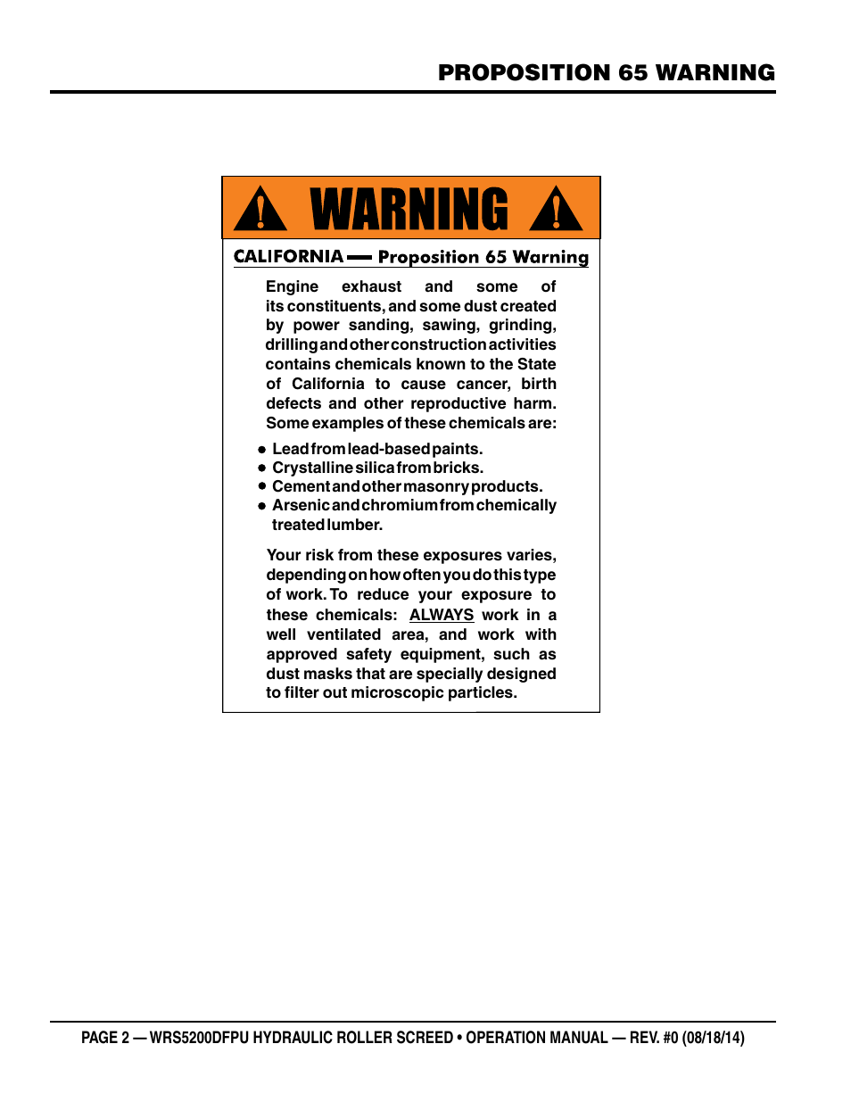 Proposition 65 warning | Multiquip WRS5200DFPU (KUBOTA WG972-GL-E3 DUAL FUEL) User Manual | Page 2 / 82