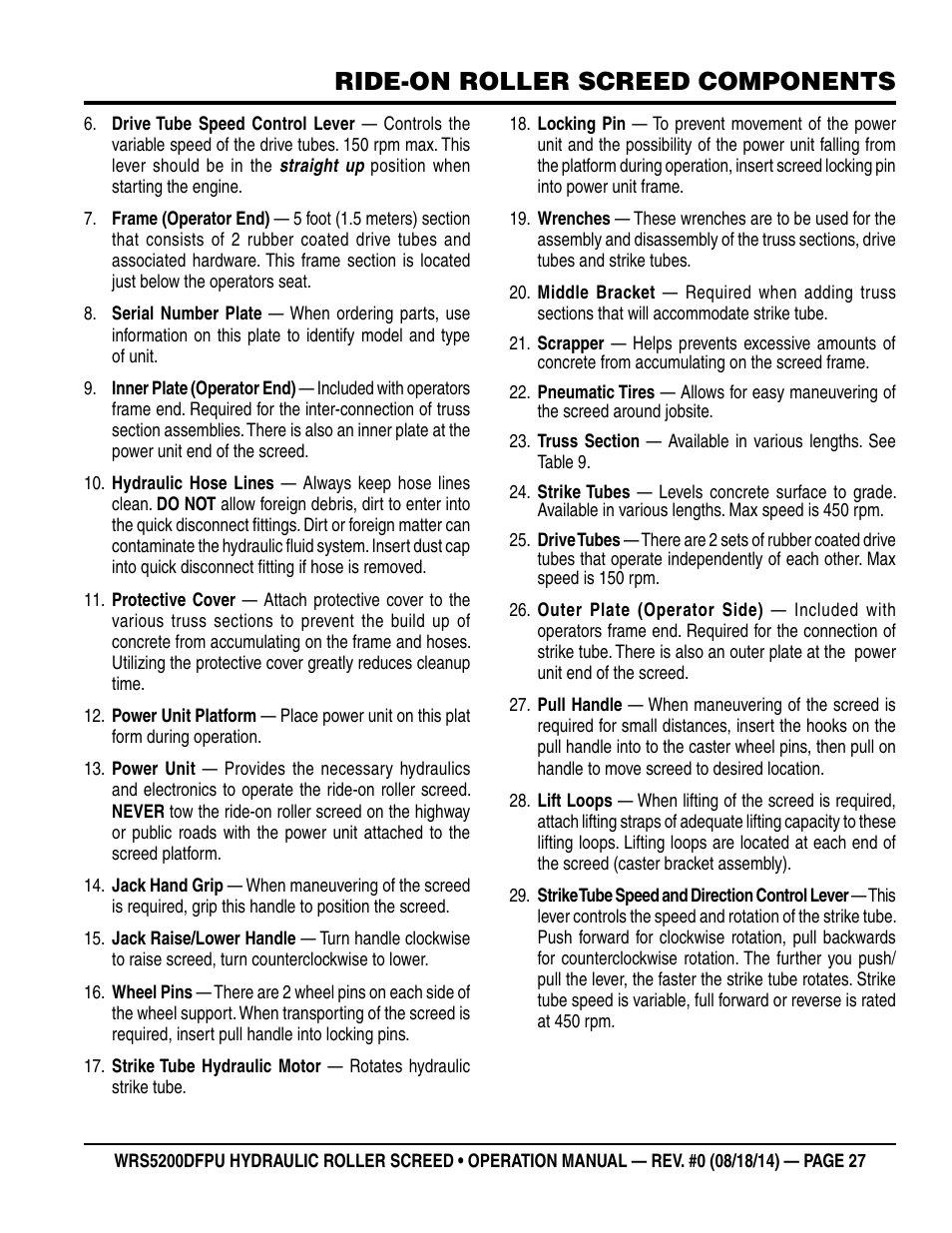 Ride-on roller screed components | Multiquip WRS5200DFPU (KUBOTA WG972-GL-E3 DUAL FUEL) User Manual | Page 27 / 82