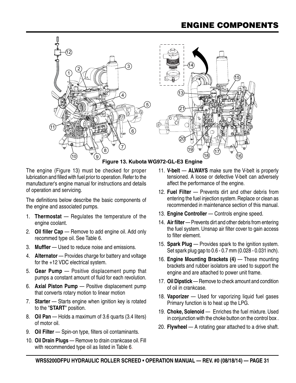 Engine components | Multiquip WRS5200DFPU (KUBOTA WG972-GL-E3 DUAL FUEL) User Manual | Page 31 / 82