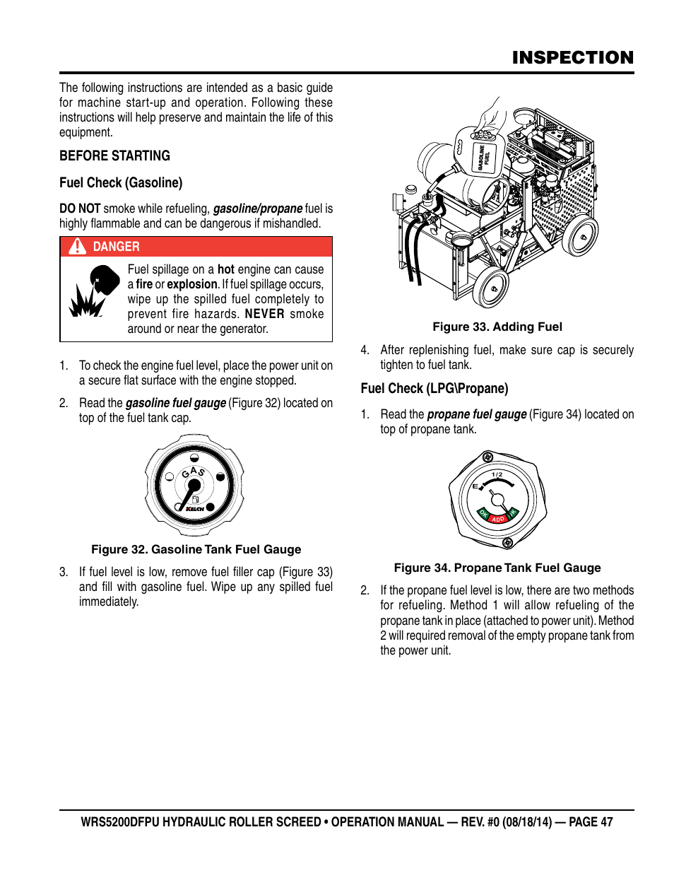 Inspection, Before starting fuel check (gasoline), Fuel check (lpg\propane) | Multiquip WRS5200DFPU (KUBOTA WG972-GL-E3 DUAL FUEL) User Manual | Page 47 / 82