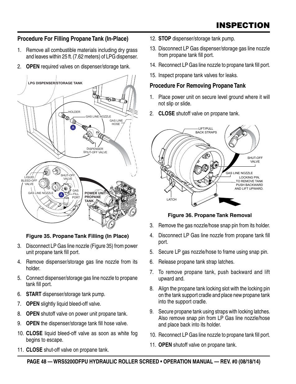 Inspection, Procedure for filling propane tank (in-place), Procedure for removing propane tank | Multiquip WRS5200DFPU (KUBOTA WG972-GL-E3 DUAL FUEL) User Manual | Page 48 / 82