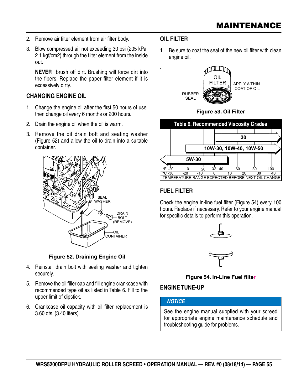 Maintenance, Changing engine oil, Oil filter | Fuel filter, Engine tune-up | Multiquip WRS5200DFPU (KUBOTA WG972-GL-E3 DUAL FUEL) User Manual | Page 55 / 82