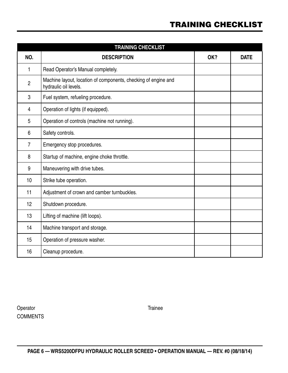 Training checklist | Multiquip WRS5200DFPU (KUBOTA WG972-GL-E3 DUAL FUEL) User Manual | Page 6 / 82