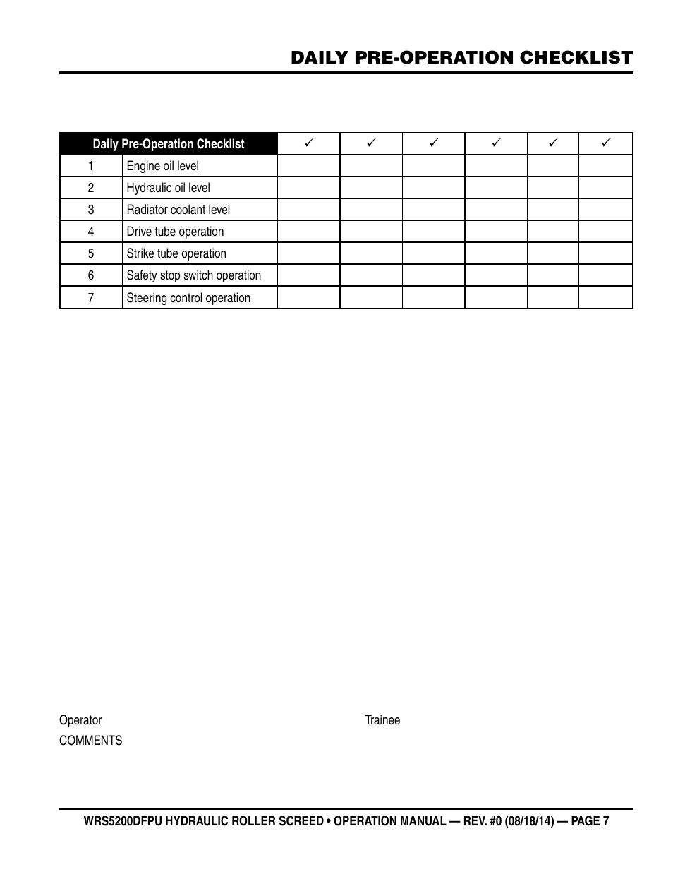 Daily pre-operation checklist | Multiquip WRS5200DFPU (KUBOTA WG972-GL-E3 DUAL FUEL) User Manual | Page 7 / 82