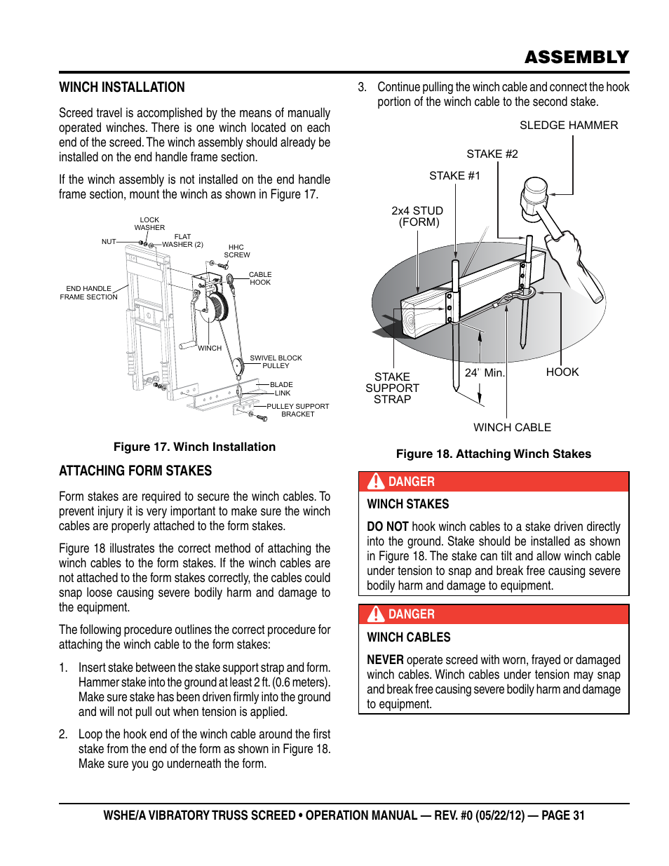 Assembly, Winch installation, Attaching form stakes | Multiquip WSHE_A_SERIES User Manual | Page 31 / 44