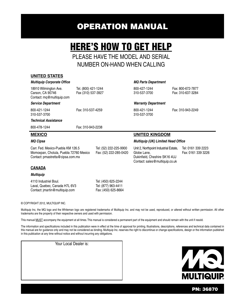 Here’s how to get help, Operation manual | Multiquip WSHE_A_SERIES User Manual | Page 44 / 44