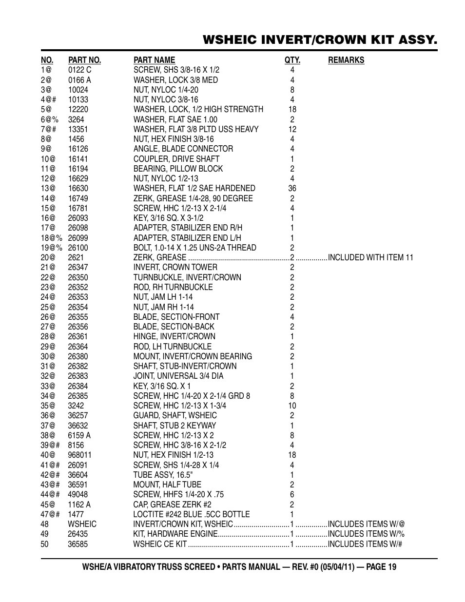Wsheic invert/crown kit assy | Multiquip WSHE_A_SERIES User Manual | Page 19 / 60